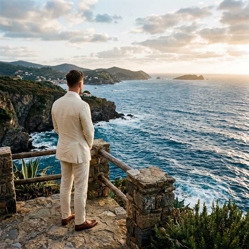 Man in beige suit standing on stone terrace overlooking blue ocean and cliffs