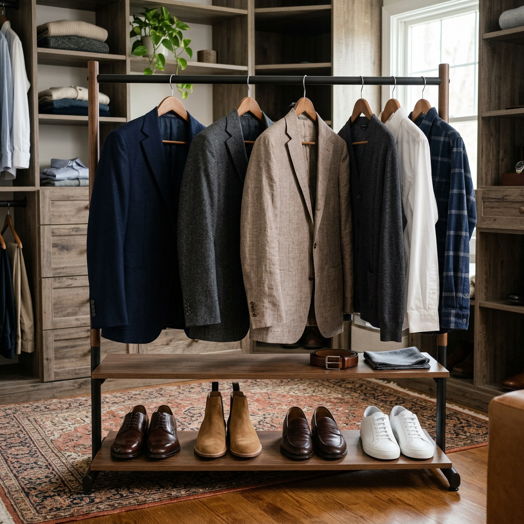 Men's jackets and shirts hanging on a rack with shoes and a belt below