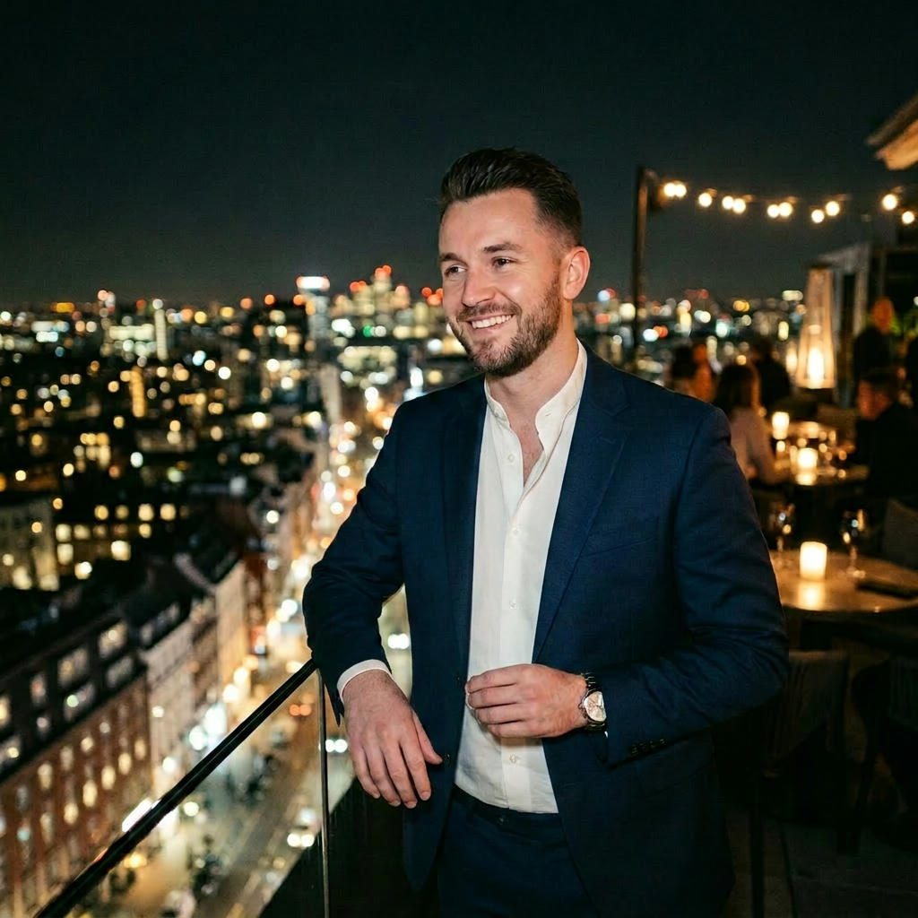 Man in blue suit holding a glass of wine on a rooftop at night with city lights