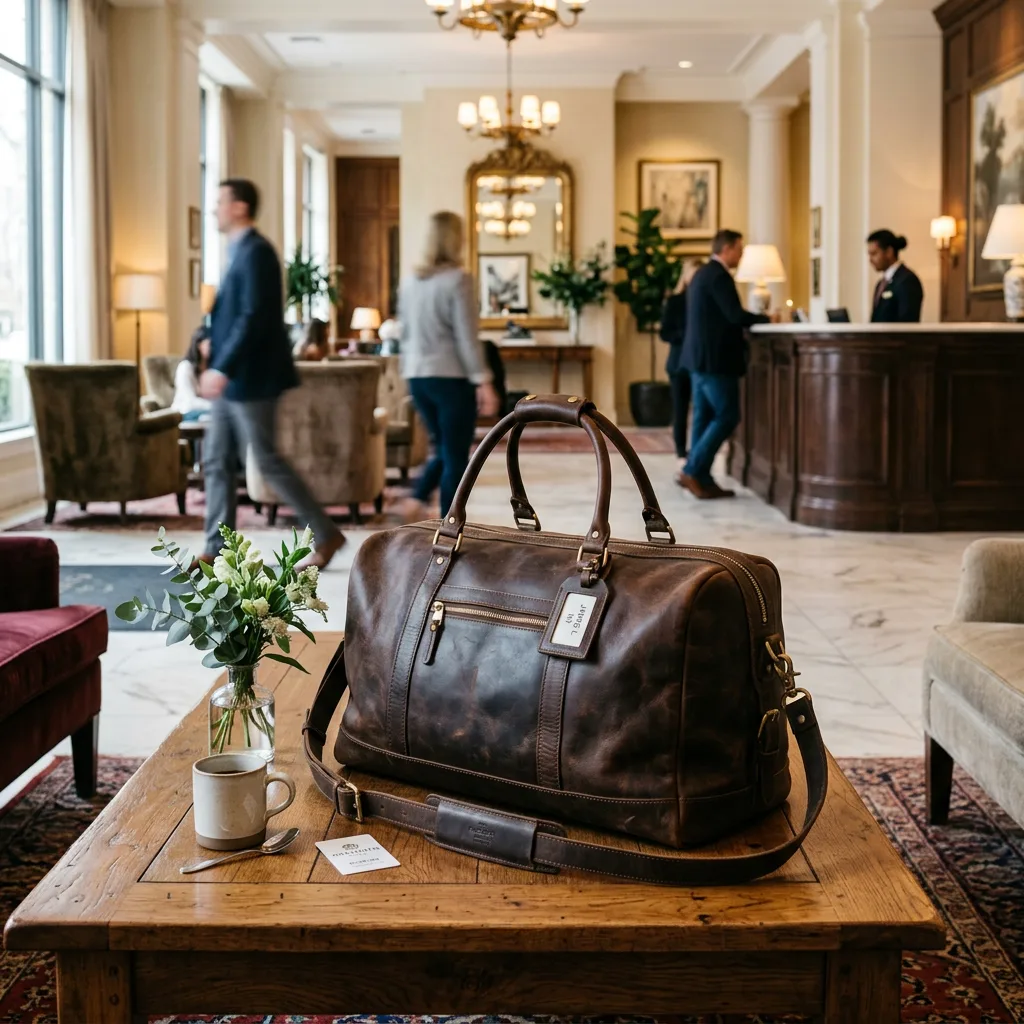 Brown leather travel bag on wooden table in a hotel lobby with people in background