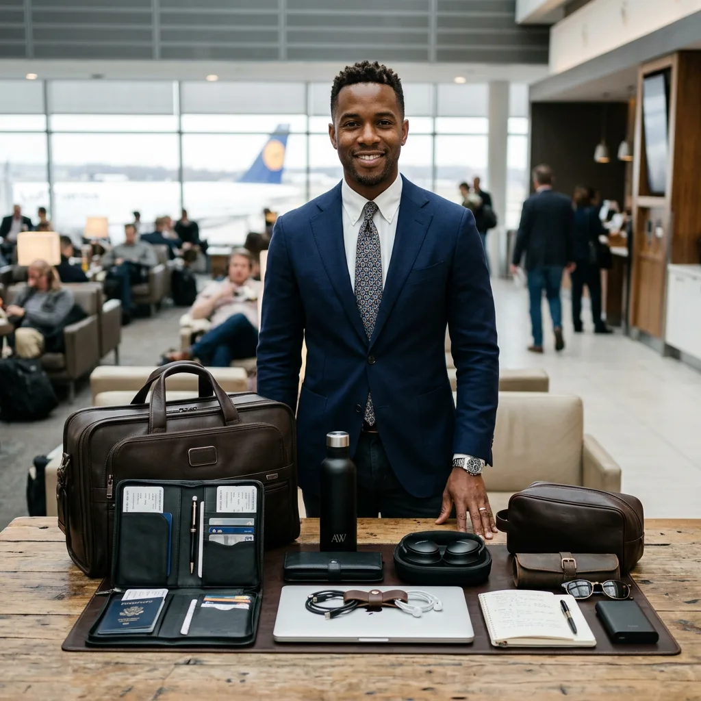 Black businessman with organized travel essentials display