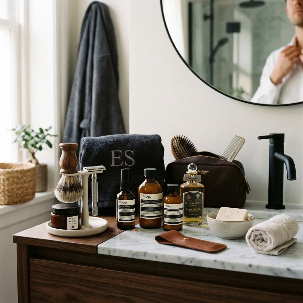 Shaving brush, razor, grooming bottles, towel, soap, combs, and toiletry bag on bathroom counter