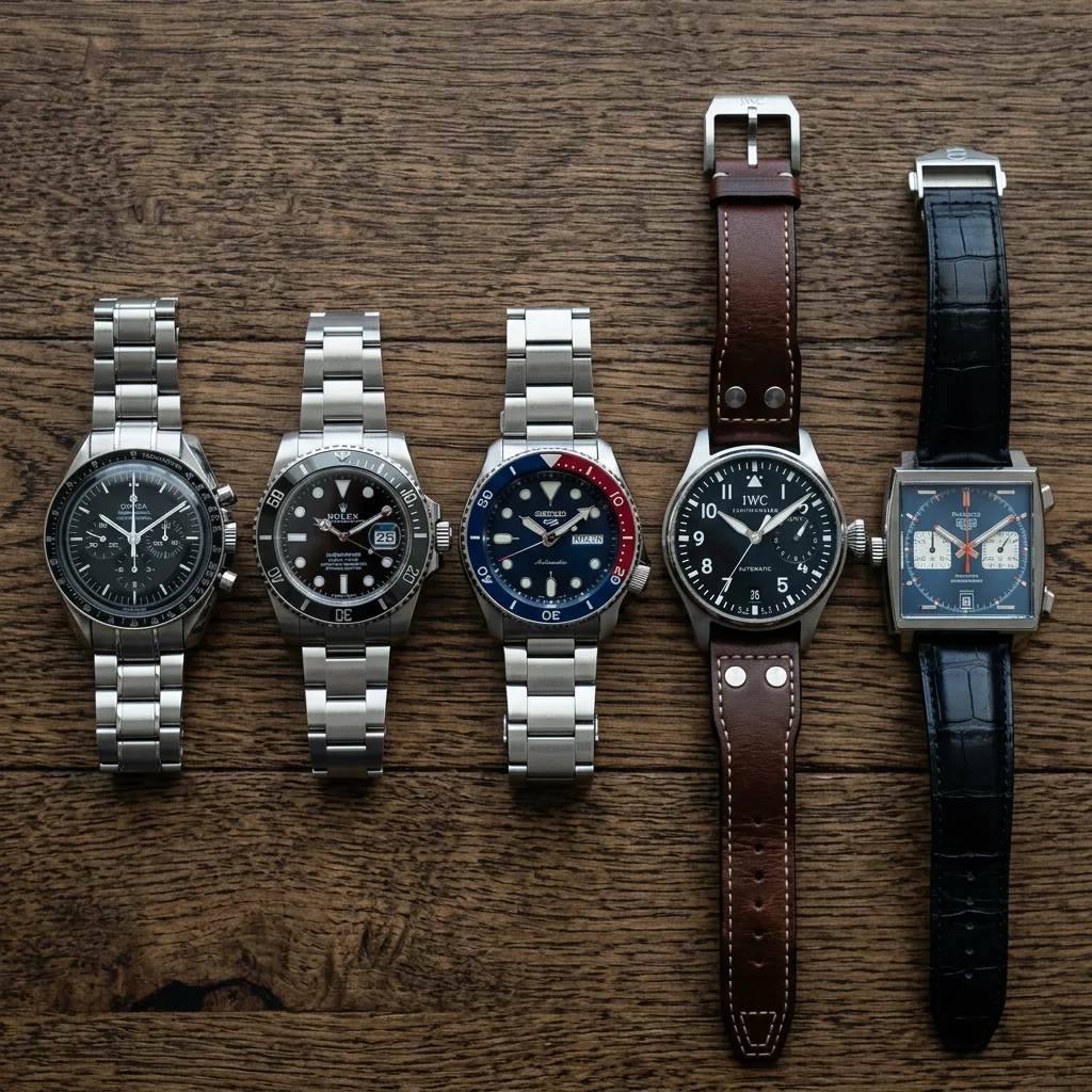 Five luxury wristwatches laid out horizontally on a wooden background, including metal and leather bands.