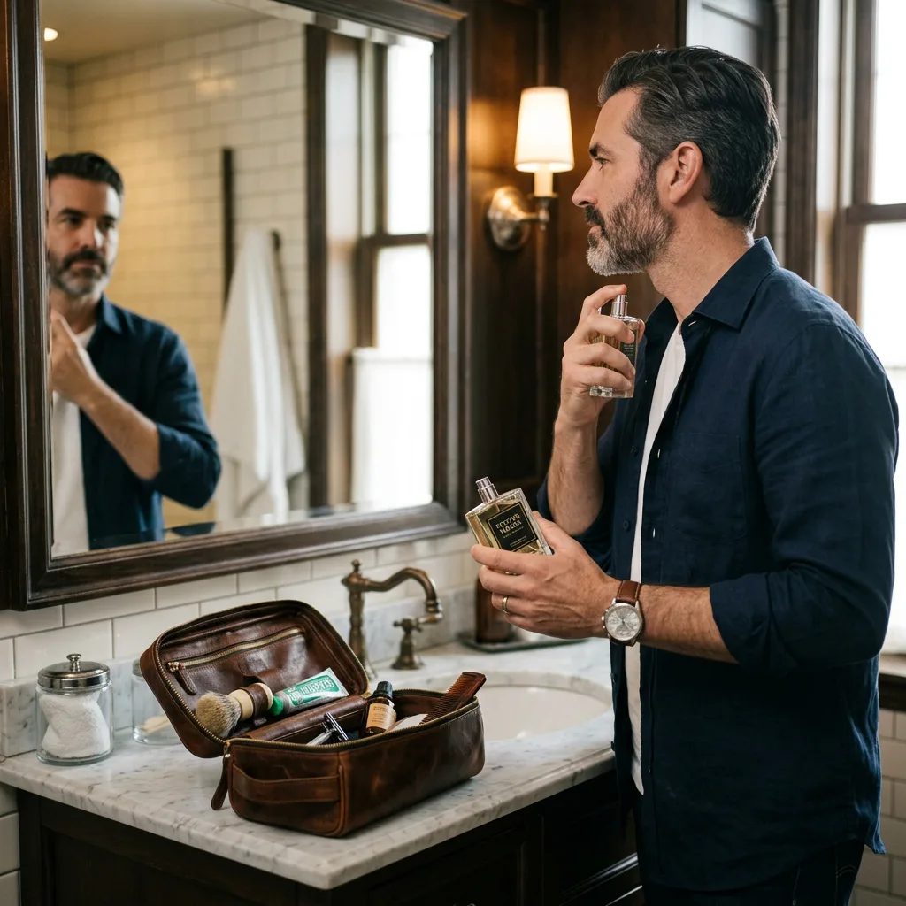 Man spraying cologne on neck standing in bathroom in front of mirror